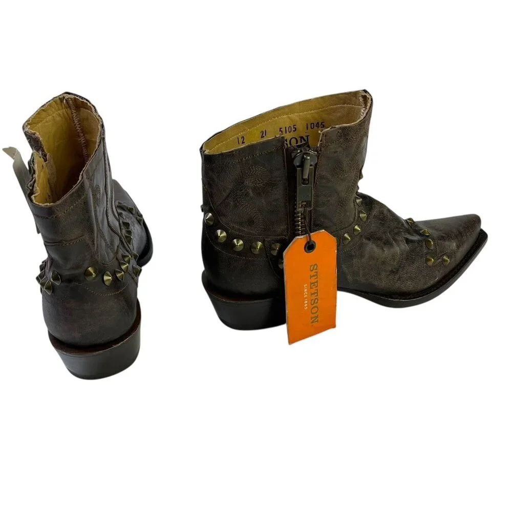 Stetson Shelby Western Ankle Brown Leather Studs Booties Boots Wms Size 6.5 NWT - Picture 4 of 8